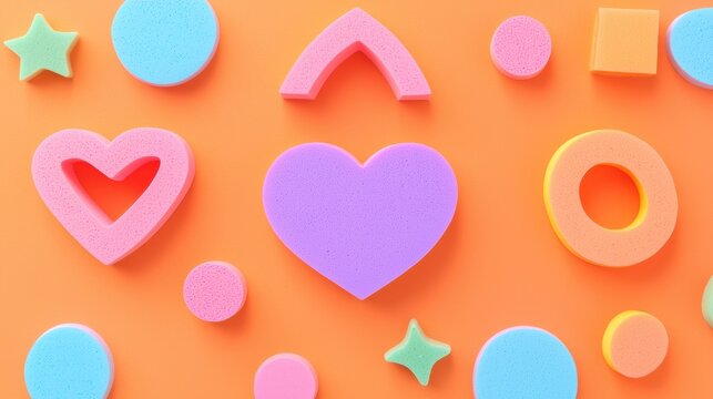 Colorful Geometric Sponges Hearts Circles and Stars on Orange Background