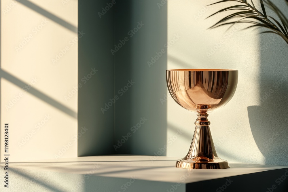 Poster elegant golden chalice displayed on a minimalist shelf illuminated by soft afternoon light