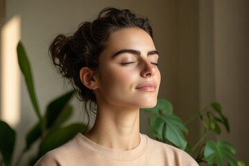 Fototapeta premium Young woman practicing mindfulness in a serene indoor space surrounded by greenery