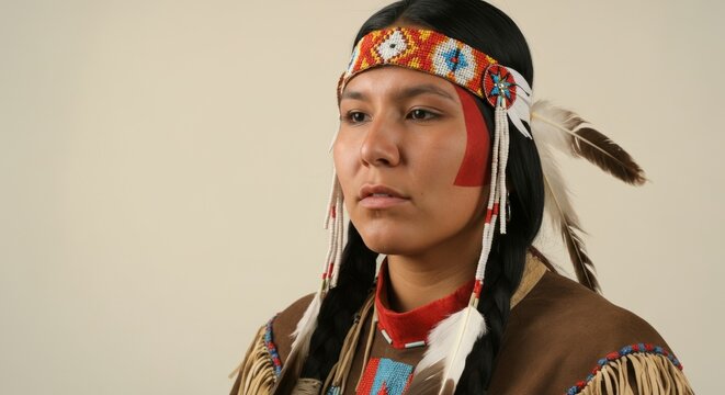 Woman wearing a headdress and a brown shirt