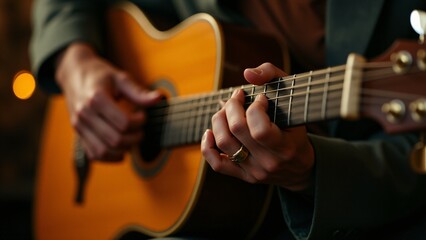 Fototapeta premium Close-up of an antique jazz guitar and calloused hands strumming soulful melodies. Warm tones and blurred bokeh lights create an intimate vintage jazz lounge vibe.