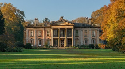 Elegant historic mansion surrounded by colorful autumn foliage and well-maintained gardens