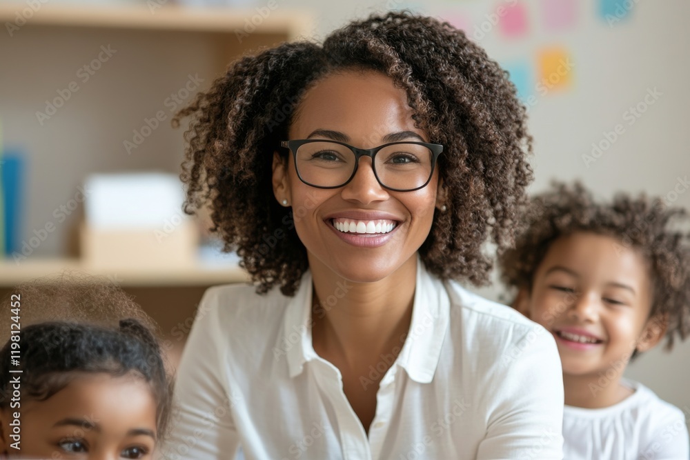 Poster smiling woman interacts joyfully with children in a bright, inviting classroom setting during a play