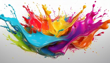 Vivid Colored Paint Splashes Against a White Background A Captivating Abstract Artwork Showcasing...