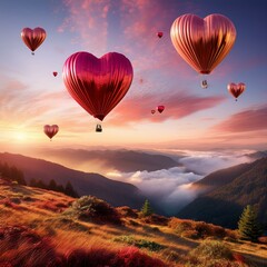 Fototapeta premium A dreamy sky filled with heart-shaped hot air balloons in shades of pink, red, and gold, floating above a scenic valley at sunrise. The design conveys love, adventure, and the magic of Valentine’s Day