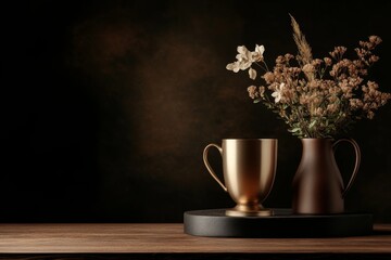 Elegant display of a golden cup and a vase with dried flowers on a dark wooden table