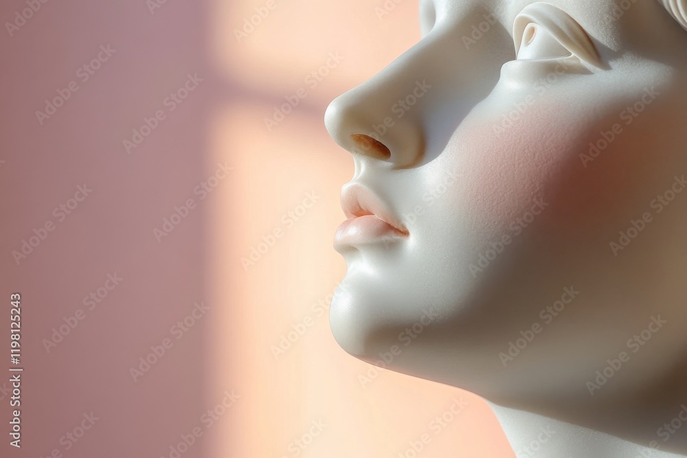 Poster close-up view of a mannequin's face with soft lighting highlighting delicate features
