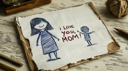 Hand-drawn illustration of mother and child expressing love for mom