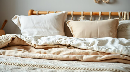 Cozy and Serene Bedroom Interior: Cream and Beige Bedding, Soft Textures, and Calming Atmosphere