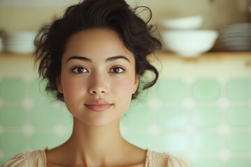 Young woman with natural beauty smiles in a cozy kitchen setting filled with pottery and light