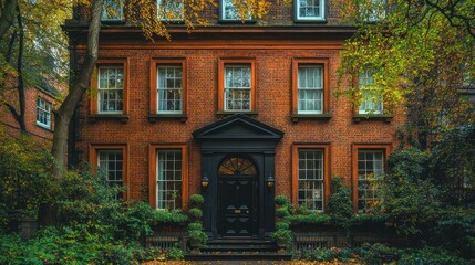 Fototapeta premium Charming brick house surrounded by autumn foliage, showcasing vibrant colors and a serene atmosphere