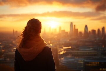 View of a person watching the sunset over a city skyline with a warm glow highlighting the buildings