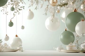 Elegant holiday decorations featuring hanging ornaments and delicate floral accents in a serene setting