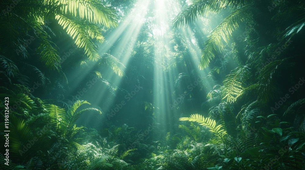 Poster sunbeams filtering through lush green forest canopy, creating a magical and serene atmosphere