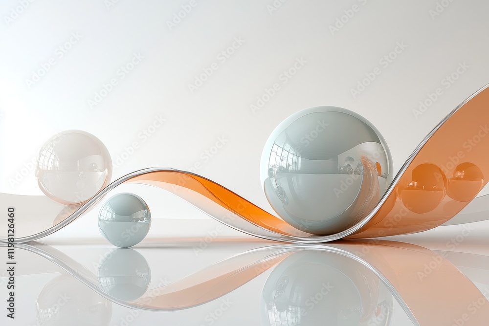Poster abstract composition of reflective spheres and smooth curves on a minimalist surface