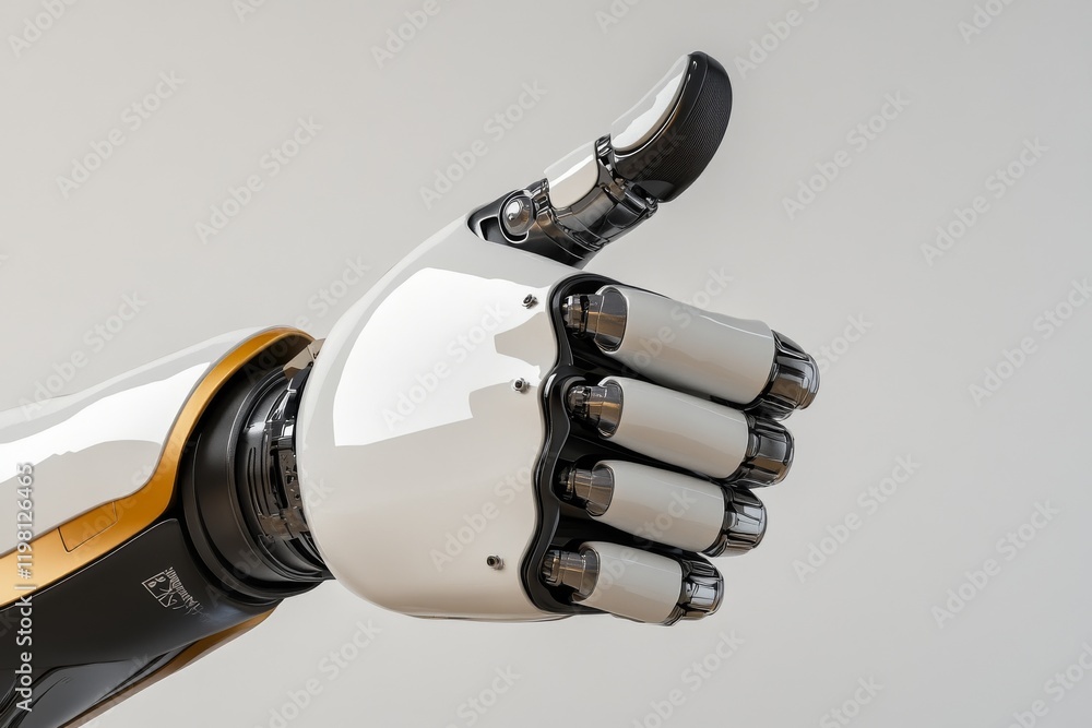 Poster robotic hand demonstrating a thumbs up gesture in a neutral setting showcasing advanced technology