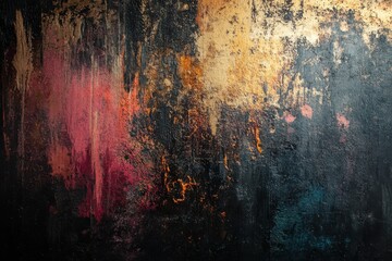 Dark, textured art; rich hues of gold, crimson, and black.