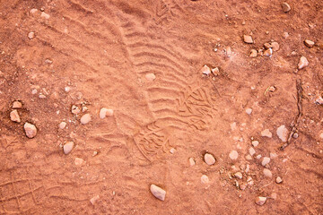 Footprint on Dusty Desert Terrain with Pebbles Aerial Downward View