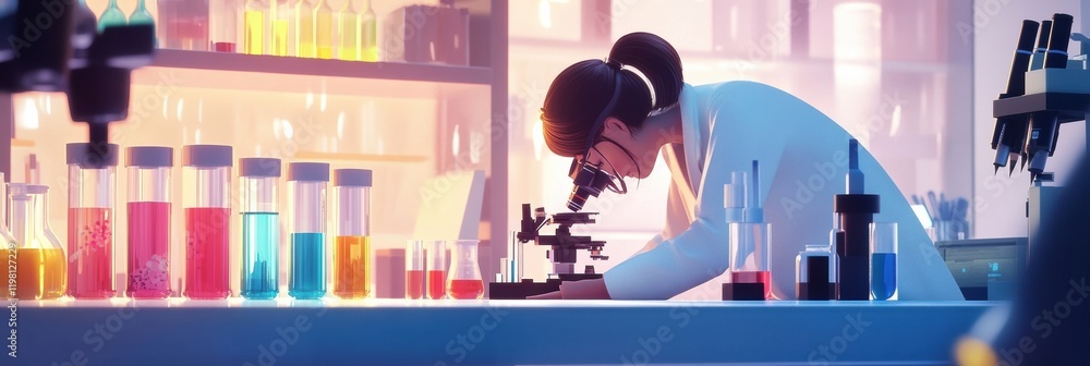 Aufkleber scientist conducts experiments in a vibrant laboratory filled with microscopes and colorful test tub