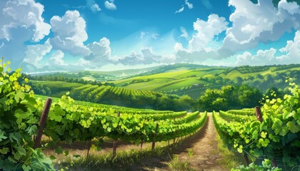 A picturesque vineyard with rows of vines, a dirt path, and a stunning view of rolling hills and a blue sky with fluffy clouds.