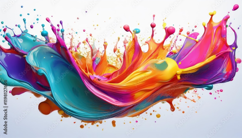 Poster vibrant abstract liquid splash with paint drops on white background exploring the kaleidoscope of co