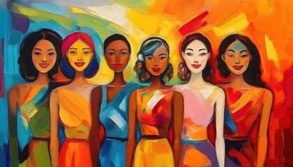 Vibrant Abstraction Colorful Gathering of Diverse Figures Against a Backdrop of an Oil Painting, Representing Harmony and Unity.