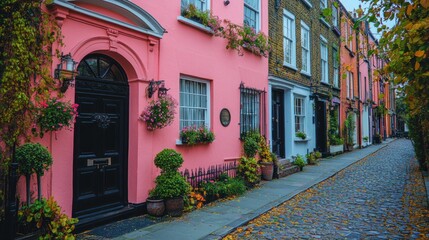 Charming residential street lined with colorful houses adorned with flowers and autumn foliage