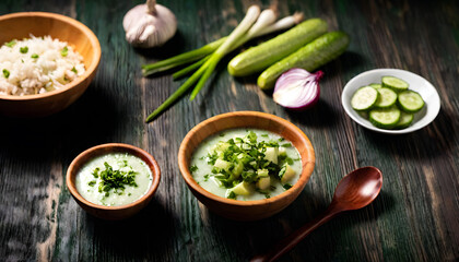 rice and organic vegetable soup with organic vegetables like green onions on the table