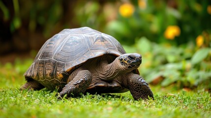 A tortoise walking on green grass.