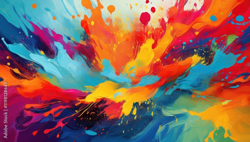 Poster vibrant abstract paint splatter pattern a lively and dynamic composition featuring bold primary colo