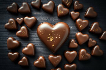 Luxurious display of heart-shaped chocolates with golden accents, creating a sophisticated and romantic vibe for special occasions, emphasizing love, indulgence, and sweetness on a dark, elegant surfa