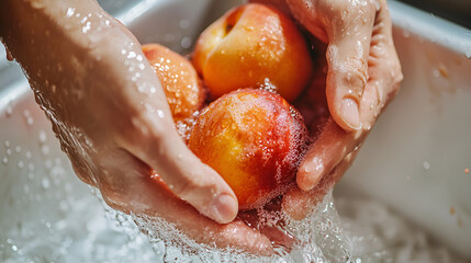 Fototapeta premium Washing fresh peaches under running water. Close-up of hands gently cleaning the fruit.