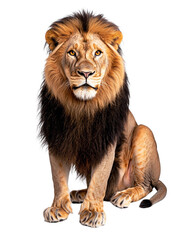 Lion with a long mane and a black tail is sitting on a white background