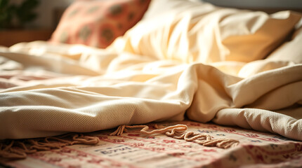 Cozy Bedroom Scene: Soft Sunlight on a Neatly Made Bed, Promoting Relaxation and Tranquility