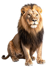 Lion with a long mane and a black and brown mane sits on a white background