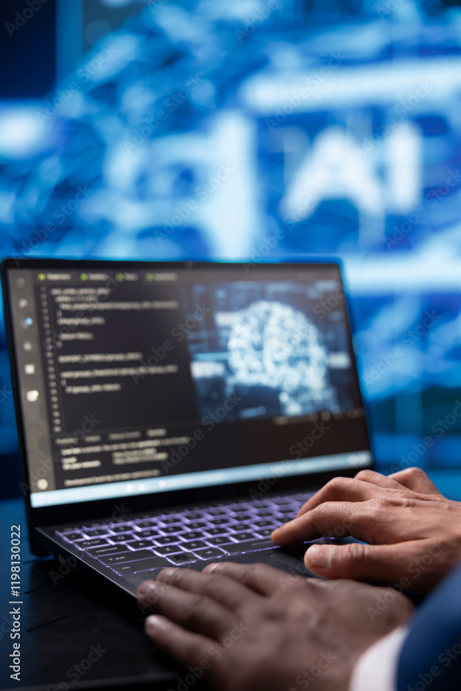 Poster system administrator analyzing complex ai brain models on laptop. close up shot of worker using mach