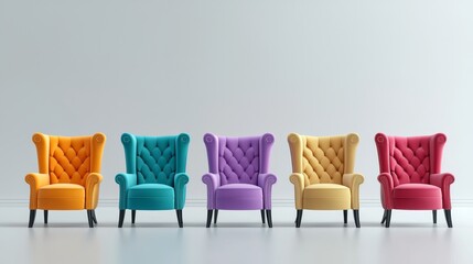 Banner of eclectic chairs in bold colors, each unique in design, against a clean wall backdrop, digital art with space for text