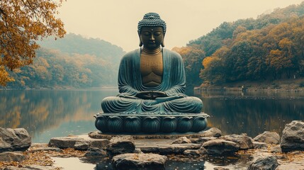 Serene Buddha statue seated by a tranquil lake surrounded by autumn foliage and misty mountains