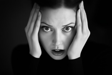 Astonished Woman, Hands on Temples, Surprised Expression, Shocked Face, Amazement, Disbelief, Wide  