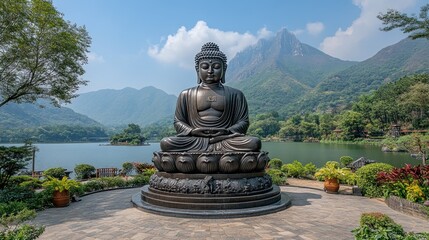 Serene Buddha statue surrounded by lush greenery and mountains, reflecting tranquility by the lake