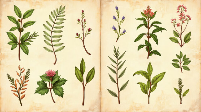 a spread of an old botanical book with an illustration of plants