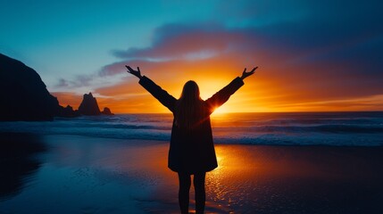 Fototapeta premium beach silhouette of woman, arms lifted to sunset, dreamy colors and soft waves, peaceful mood, isolated on white background
