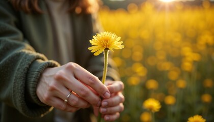 Gentle hands holding single dandelion in warm evening light against blurred meadow