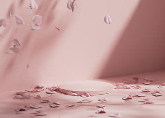 3D background, pink podium display. Rose pink petals falling. Cosmetic or beauty product promotion step floral, pastel pedestal. Abstract advertise, sun shadow. 3D render copy space spring mockup