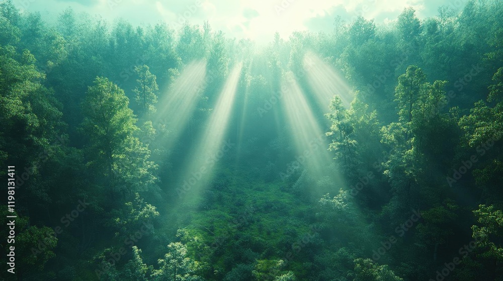 Poster sunbeams filtering through a lush green forest, creating a serene and magical atmosphere