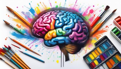 Vibrant Colorful Brain Painting Abstract Artwork Showcasing a Creative Palette with Splashes and...