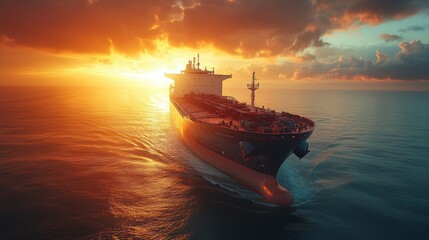 Fototapeta premium An enormous cargo ship navigates through the serene ocean waters during a vibrant sunset, casting a dramatic silhouette against the golden sky, showcasing maritime transportation's majestic presence.