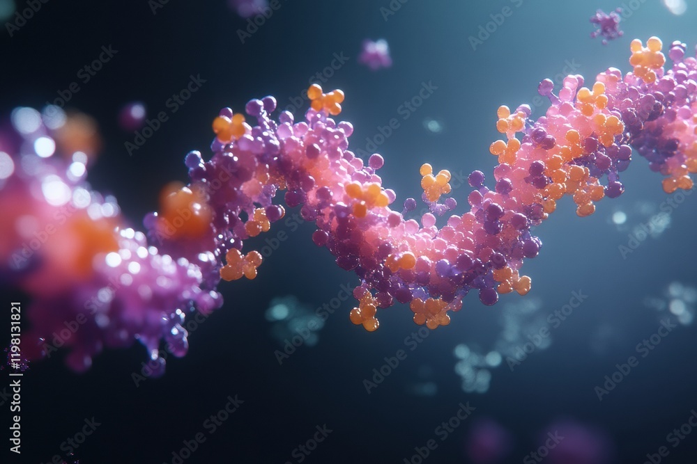 Poster close up view of a molecular rna chain with surrounding viruses in a dynamic biological environment.