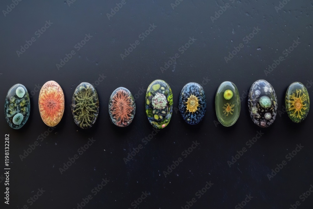 Poster evolutionary sequence showing diverse bacterial forms on a dark surface. generative ai