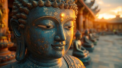 Serene Buddha Statue at Sunset in a Tranquil Temple Courtyard Surrounded by Other Statues